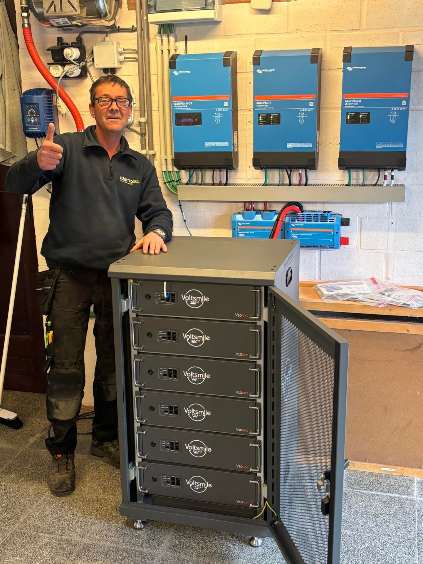 Zaakvoerder bij thuisbatterij-installatie met Victron omvormers
